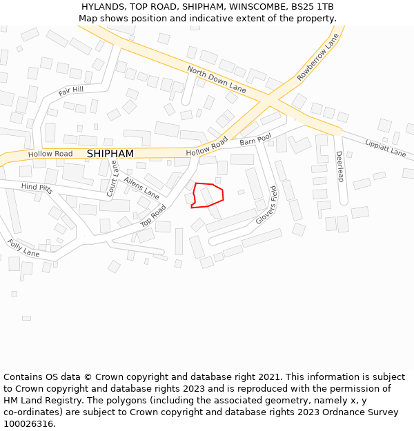 HYLANDS, TOP ROAD, SHIPHAM, WINSCOMBE, BS25 1TB: Location map and indicative extent of plot