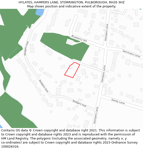 HYLATES, HAMPERS LANE, STORRINGTON, PULBOROUGH, RH20 3HZ: Location map and indicative extent of plot