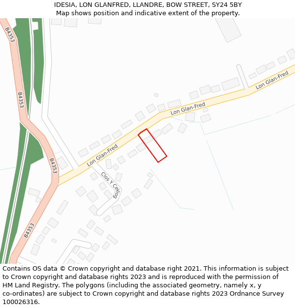 IDESIA, LON GLANFRED, LLANDRE, BOW STREET, SY24 5BY: Location map and indicative extent of plot