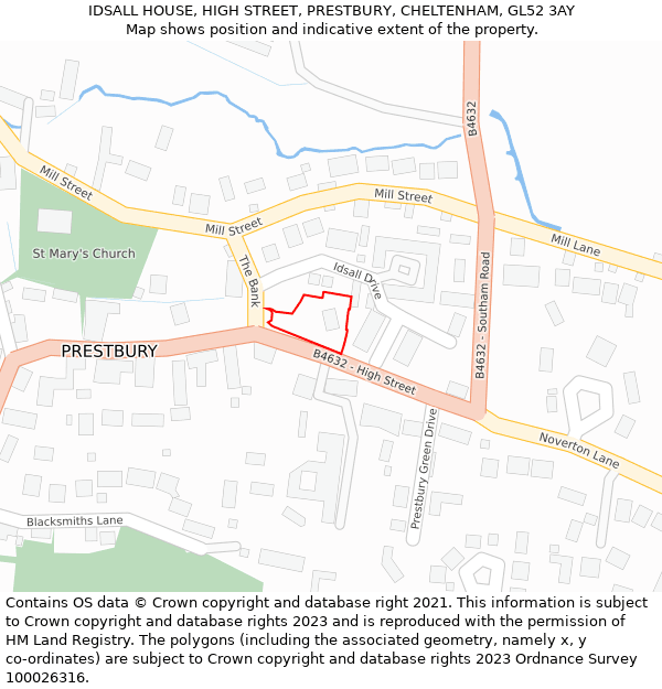 IDSALL HOUSE, HIGH STREET, PRESTBURY, CHELTENHAM, GL52 3AY: Location map and indicative extent of plot