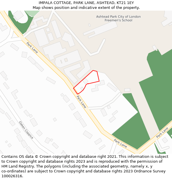 IMPALA COTTAGE, PARK LANE, ASHTEAD, KT21 1EY: Location map and indicative extent of plot