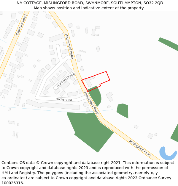 INA COTTAGE, MISLINGFORD ROAD, SWANMORE, SOUTHAMPTON, SO32 2QD: Location map and indicative extent of plot