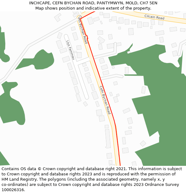 INCHCAPE, CEFN BYCHAN ROAD, PANTYMWYN, MOLD, CH7 5EN: Location map and indicative extent of plot