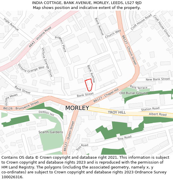 INDIA COTTAGE, BANK AVENUE, MORLEY, LEEDS, LS27 9JD: Location map and indicative extent of plot