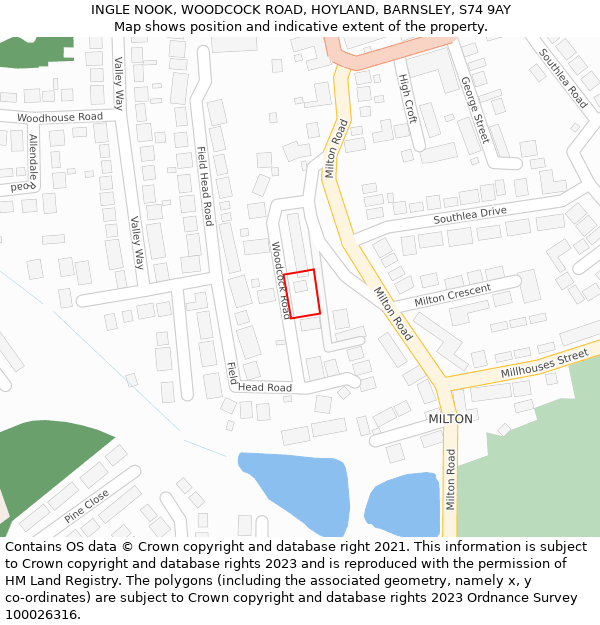 INGLE NOOK, WOODCOCK ROAD, HOYLAND, BARNSLEY, S74 9AY: Location map and indicative extent of plot