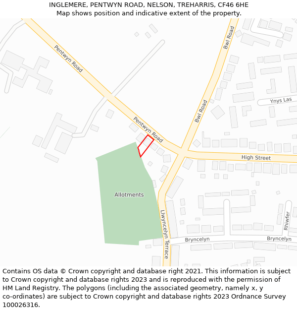 INGLEMERE, PENTWYN ROAD, NELSON, TREHARRIS, CF46 6HE: Location map and indicative extent of plot