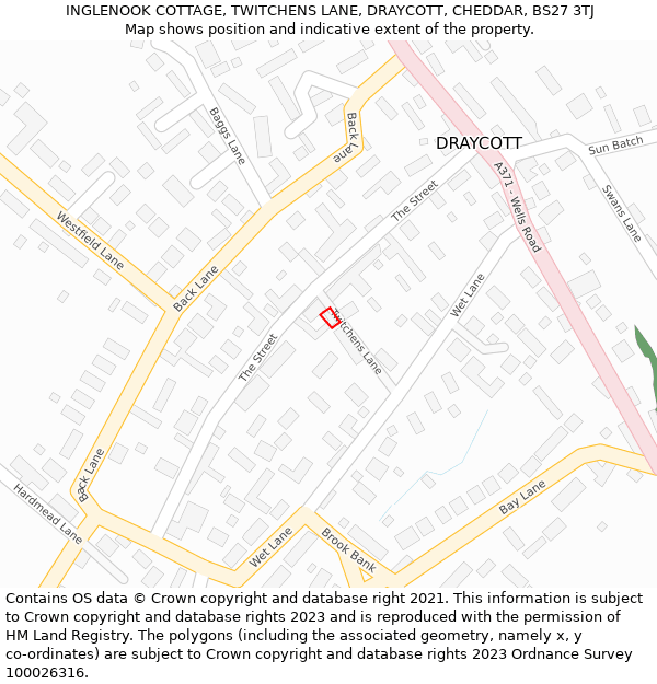 INGLENOOK COTTAGE, TWITCHENS LANE, DRAYCOTT, CHEDDAR, BS27 3TJ: Location map and indicative extent of plot