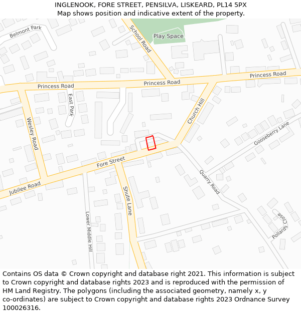 INGLENOOK, FORE STREET, PENSILVA, LISKEARD, PL14 5PX: Location map and indicative extent of plot