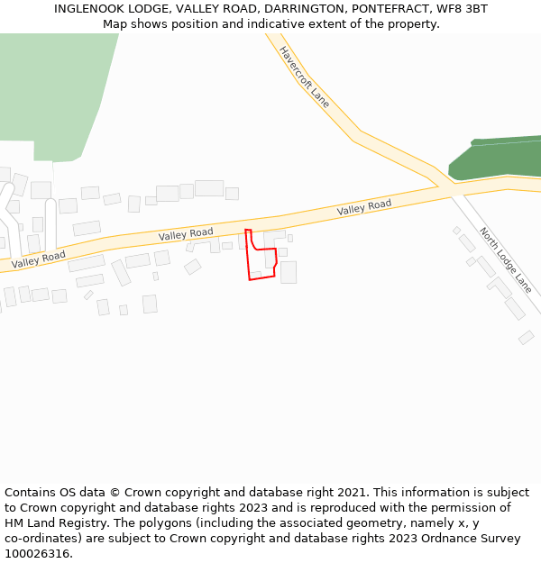 INGLENOOK LODGE, VALLEY ROAD, DARRINGTON, PONTEFRACT, WF8 3BT: Location map and indicative extent of plot