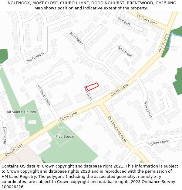 INGLENOOK, MOAT CLOSE, CHURCH LANE, DODDINGHURST, BRENTWOOD, CM15 0NG: Location map and indicative extent of plot