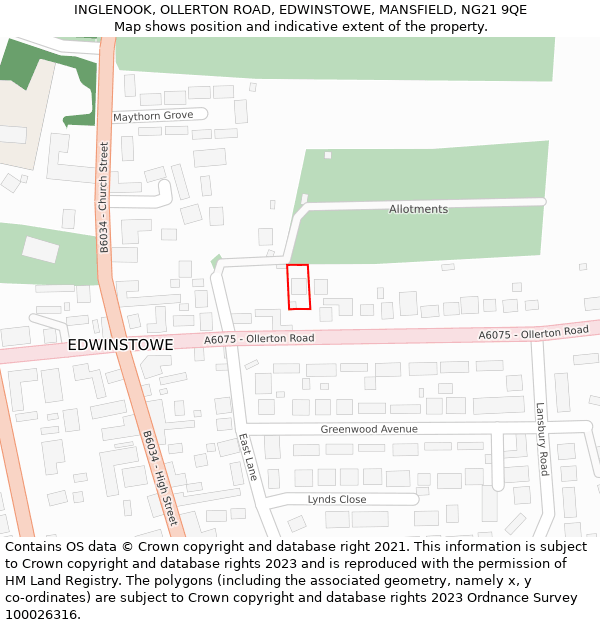INGLENOOK, OLLERTON ROAD, EDWINSTOWE, MANSFIELD, NG21 9QE: Location map and indicative extent of plot