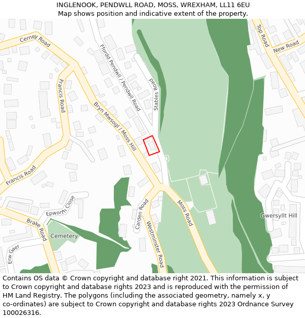 INGLENOOK, PENDWLL ROAD, MOSS, WREXHAM, LL11 6EU: Location map and indicative extent of plot