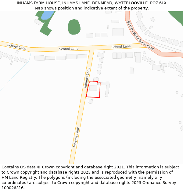 INHAMS FARM HOUSE, INHAMS LANE, DENMEAD, WATERLOOVILLE, PO7 6LX: Location map and indicative extent of plot