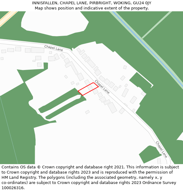 INNISFALLEN, CHAPEL LANE, PIRBRIGHT, WOKING, GU24 0JY: Location map and indicative extent of plot
