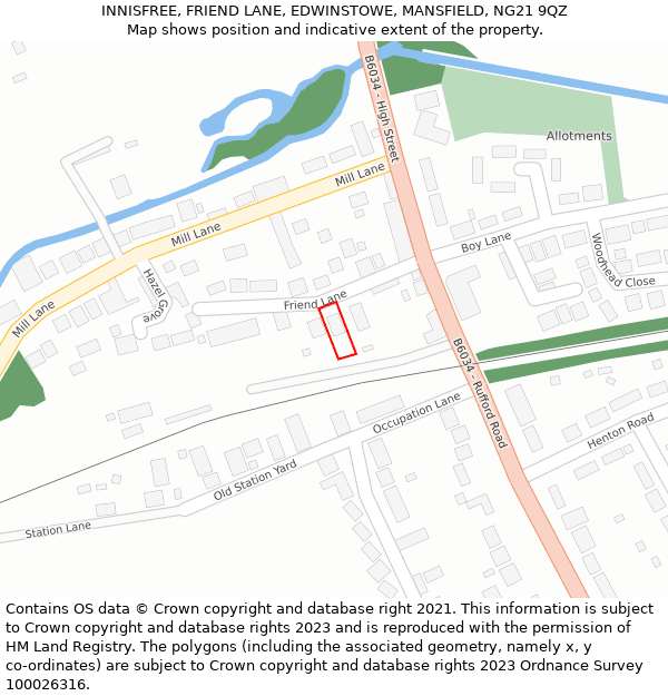 INNISFREE, FRIEND LANE, EDWINSTOWE, MANSFIELD, NG21 9QZ: Location map and indicative extent of plot