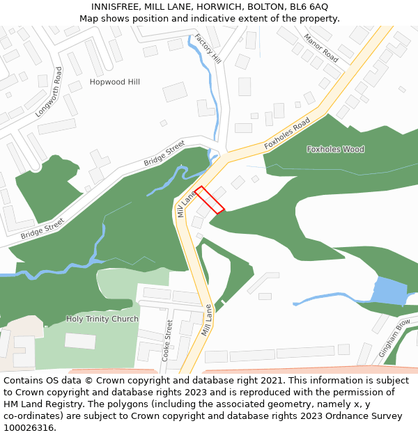 INNISFREE, MILL LANE, HORWICH, BOLTON, BL6 6AQ: Location map and indicative extent of plot