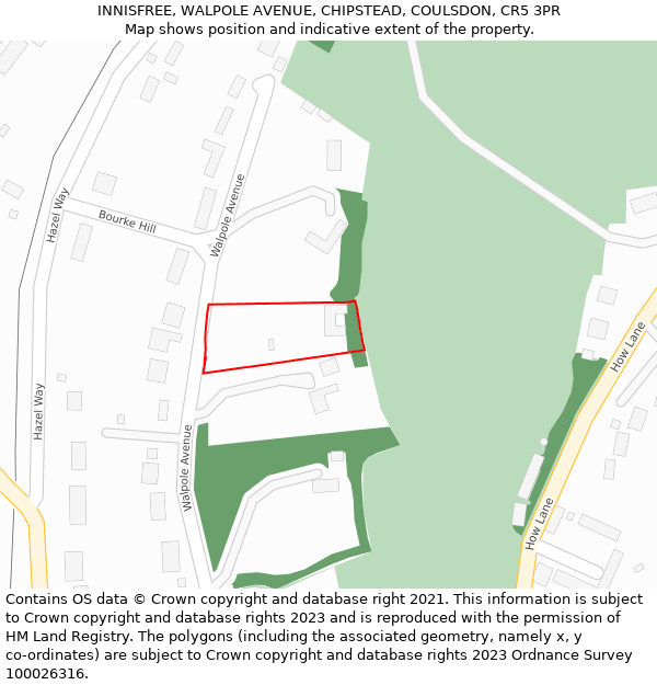 INNISFREE, WALPOLE AVENUE, CHIPSTEAD, COULSDON, CR5 3PR: Location map and indicative extent of plot