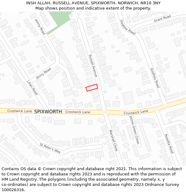 INSH ALLAH, RUSSELL AVENUE, SPIXWORTH, NORWICH, NR10 3NY: Location map and indicative extent of plot