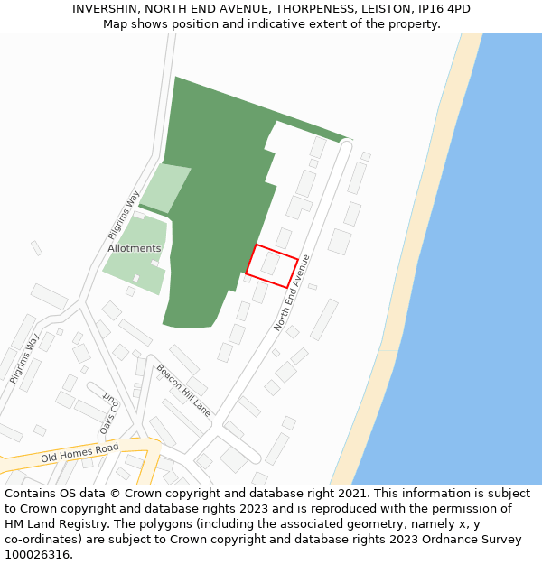 INVERSHIN, NORTH END AVENUE, THORPENESS, LEISTON, IP16 4PD: Location map and indicative extent of plot