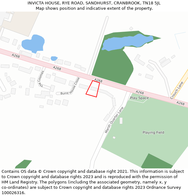 INVICTA HOUSE, RYE ROAD, SANDHURST, CRANBROOK, TN18 5JL: Location map and indicative extent of plot