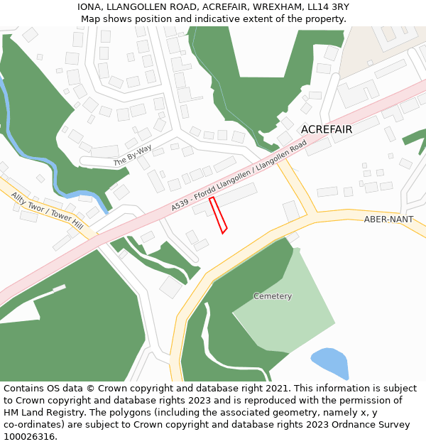 IONA, LLANGOLLEN ROAD, ACREFAIR, WREXHAM, LL14 3RY: Location map and indicative extent of plot