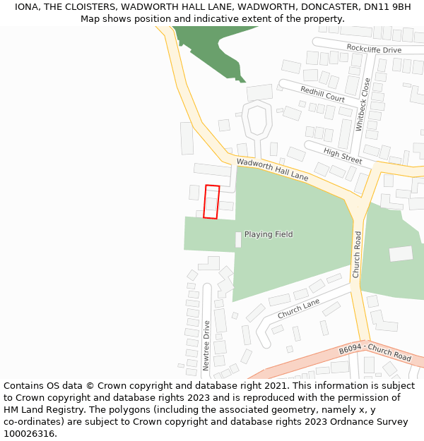 IONA, THE CLOISTERS, WADWORTH HALL LANE, WADWORTH, DONCASTER, DN11 9BH: Location map and indicative extent of plot