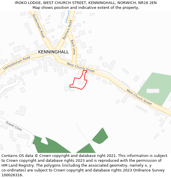 IROKO LODGE, WEST CHURCH STREET, KENNINGHALL, NORWICH, NR16 2EN: Location map and indicative extent of plot