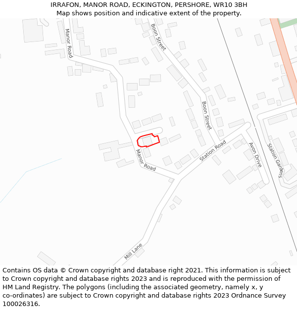 IRRAFON, MANOR ROAD, ECKINGTON, PERSHORE, WR10 3BH: Location map and indicative extent of plot