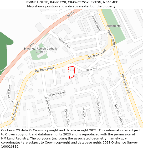 IRVINE HOUSE, BANK TOP, CRAWCROOK, RYTON, NE40 4EF: Location map and indicative extent of plot