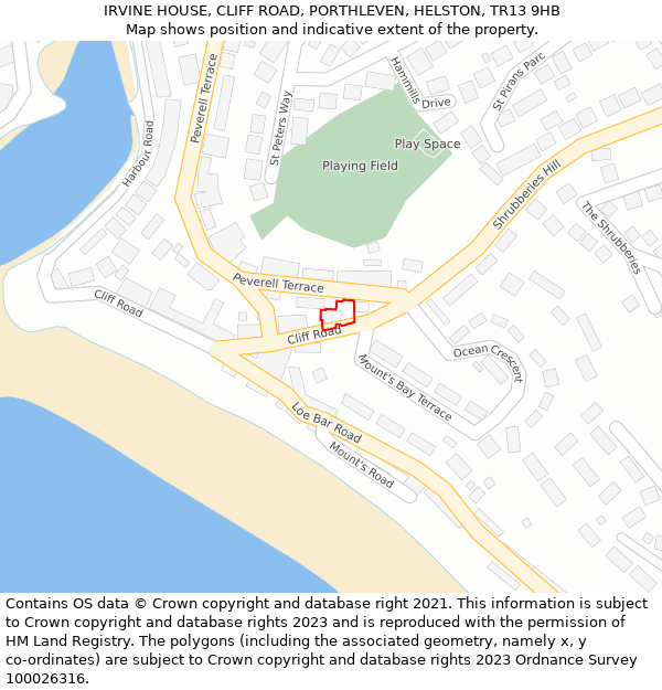 IRVINE HOUSE, CLIFF ROAD, PORTHLEVEN, HELSTON, TR13 9HB: Location map and indicative extent of plot