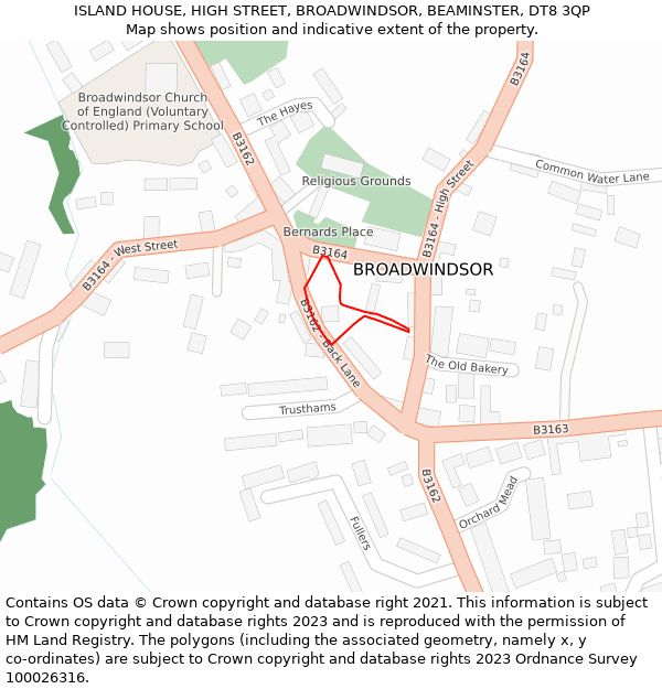 ISLAND HOUSE, HIGH STREET, BROADWINDSOR, BEAMINSTER, DT8 3QP: Location map and indicative extent of plot