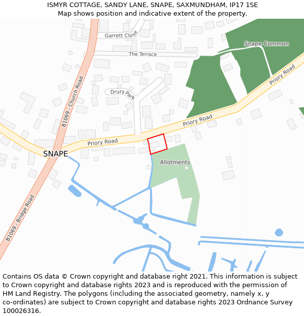 ISMYR COTTAGE, SANDY LANE, SNAPE, SAXMUNDHAM, IP17 1SE: Location map and indicative extent of plot