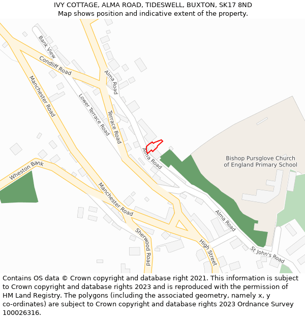 IVY COTTAGE, ALMA ROAD, TIDESWELL, BUXTON, SK17 8ND: Location map and indicative extent of plot