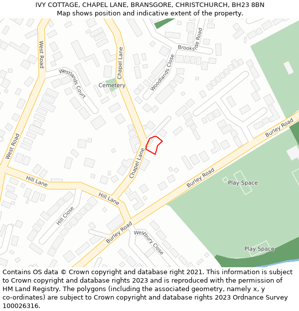 IVY COTTAGE, CHAPEL LANE, BRANSGORE, CHRISTCHURCH, BH23 8BN: Location map and indicative extent of plot