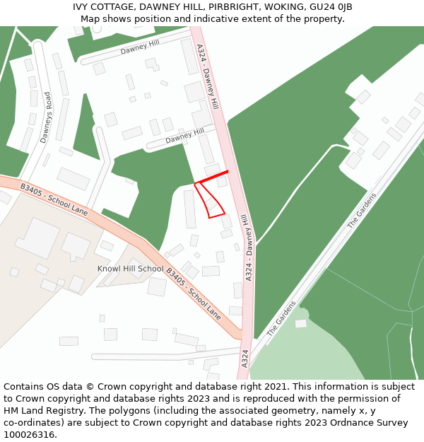 IVY COTTAGE, DAWNEY HILL, PIRBRIGHT, WOKING, GU24 0JB: Location map and indicative extent of plot