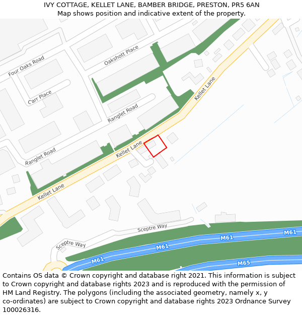 IVY COTTAGE, KELLET LANE, BAMBER BRIDGE, PRESTON, PR5 6AN: Location map and indicative extent of plot