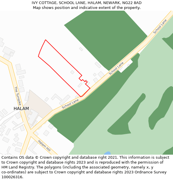 IVY COTTAGE, SCHOOL LANE, HALAM, NEWARK, NG22 8AD: Location map and indicative extent of plot
