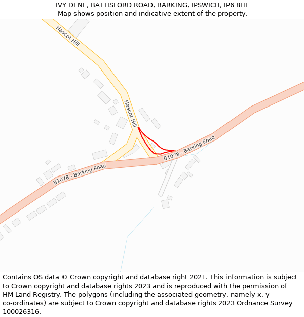 IVY DENE, BATTISFORD ROAD, BARKING, IPSWICH, IP6 8HL: Location map and indicative extent of plot