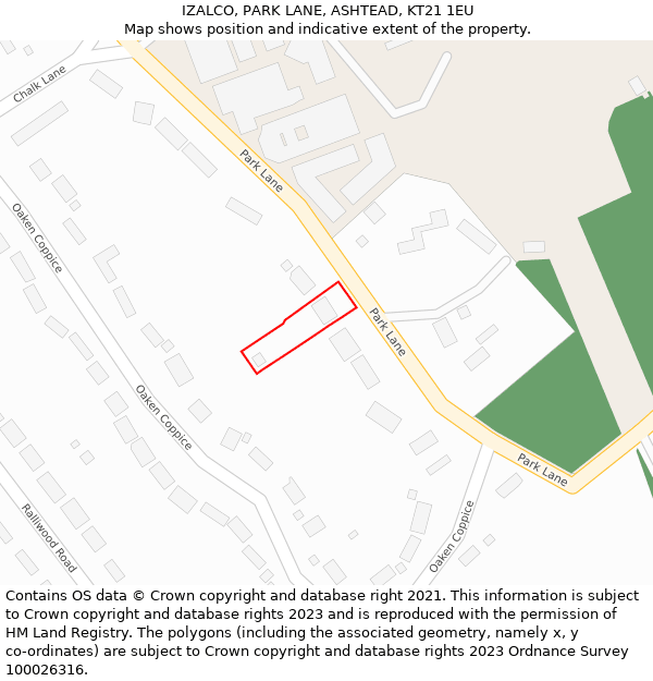 IZALCO, PARK LANE, ASHTEAD, KT21 1EU: Location map and indicative extent of plot