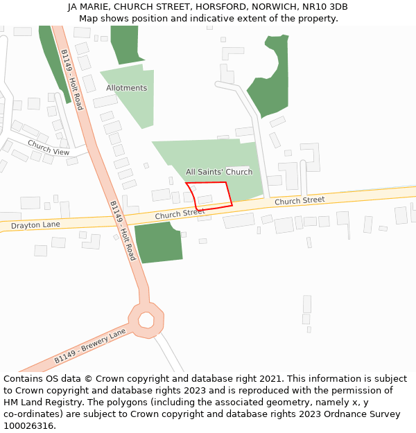 JA MARIE, CHURCH STREET, HORSFORD, NORWICH, NR10 3DB: Location map and indicative extent of plot