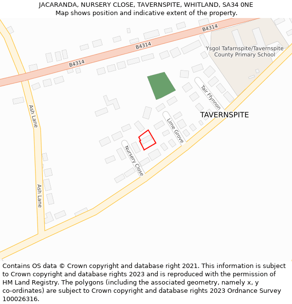 JACARANDA, NURSERY CLOSE, TAVERNSPITE, WHITLAND, SA34 0NE: Location map and indicative extent of plot