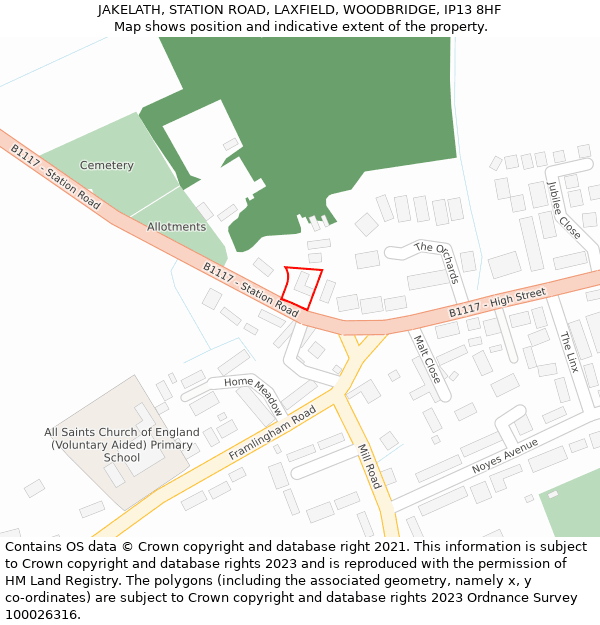 JAKELATH, STATION ROAD, LAXFIELD, WOODBRIDGE, IP13 8HF: Location map and indicative extent of plot