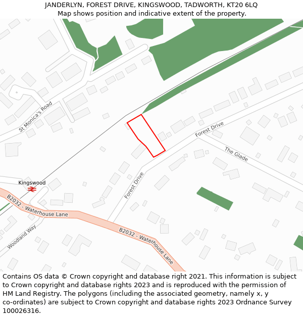 JANDERLYN, FOREST DRIVE, KINGSWOOD, TADWORTH, KT20 6LQ: Location map and indicative extent of plot