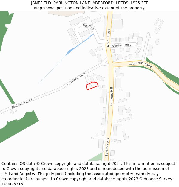 JANEFIELD, PARLINGTON LANE, ABERFORD, LEEDS, LS25 3EF: Location map and indicative extent of plot