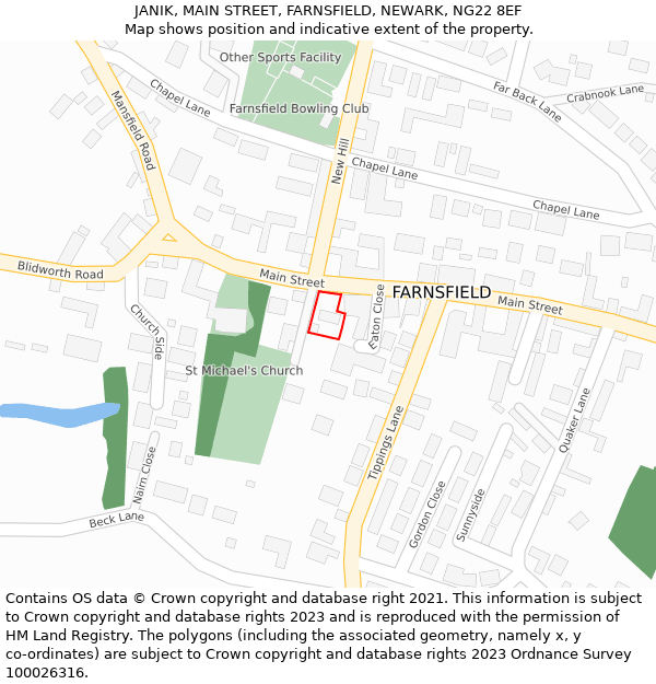 JANIK, MAIN STREET, FARNSFIELD, NEWARK, NG22 8EF: Location map and indicative extent of plot