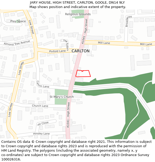 JARY HOUSE, HIGH STREET, CARLTON, GOOLE, DN14 9LY: Location map and indicative extent of plot