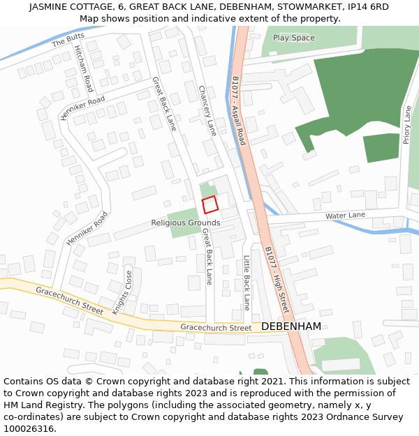 JASMINE COTTAGE, 6, GREAT BACK LANE, DEBENHAM, STOWMARKET, IP14 6RD: Location map and indicative extent of plot