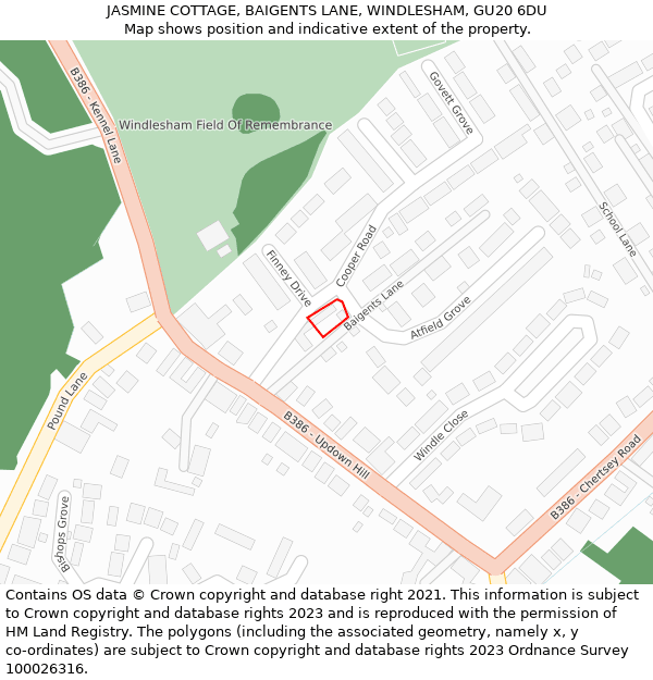 JASMINE COTTAGE, BAIGENTS LANE, WINDLESHAM, GU20 6DU: Location map and indicative extent of plot