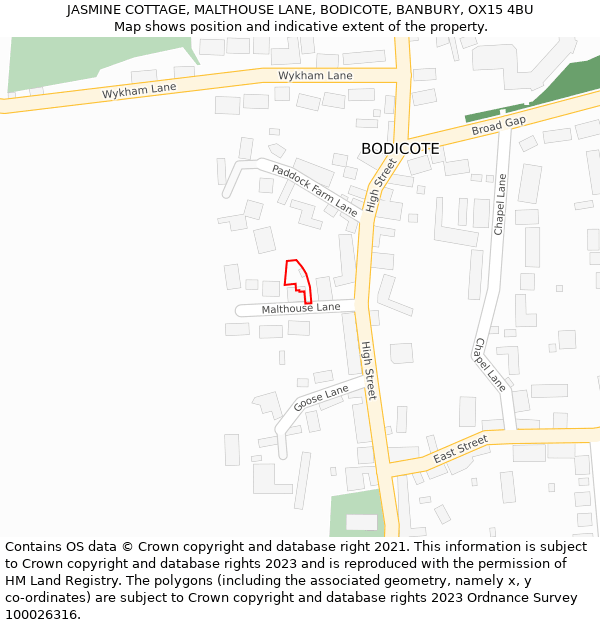 JASMINE COTTAGE, MALTHOUSE LANE, BODICOTE, BANBURY, OX15 4BU: Location map and indicative extent of plot