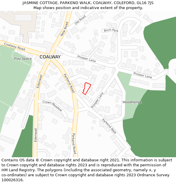 JASMINE COTTAGE, PARKEND WALK, COALWAY, COLEFORD, GL16 7JS: Location map and indicative extent of plot